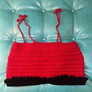 Whimsigoth red black handknit crochet cropped tank bra top tie straps est sz S/M